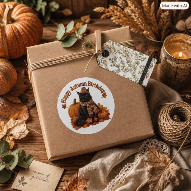 Herbst-Geburtstag-Schwarze Katze mit Hut  Runder Aufkleber (Von Creator hochgeladen)