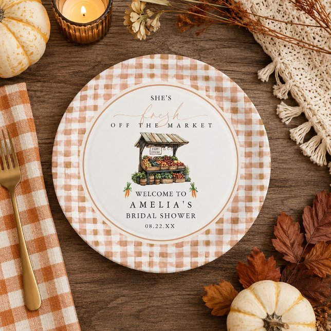 Herbst-Gingham-Frisch-vom-Markt-Brautabschiedspart Pappteller (Fall Gingham Fresh Off The Market Bridal Shower Paper Plates)