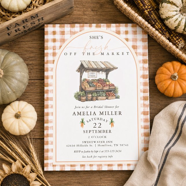 Herbst-Gingham-Frisch-von-der-Mark-Braut-Party Einladung (Autumn Gingham Fresh Off The Market Bridal Shower Invitation)
