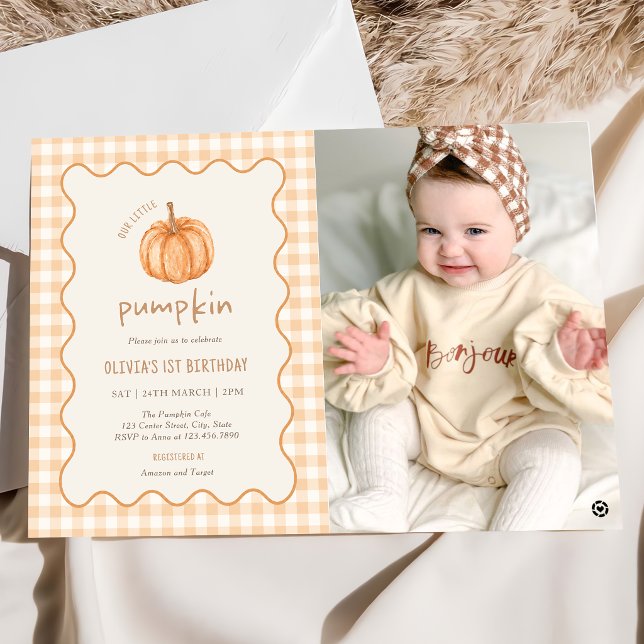 Herbst-Gingham-Kürbis-Geburtstagsfoto Einladung (Von Creator hochgeladen)