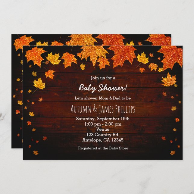 Herbst Glitzer Blätter Kinderdusche Einladungen (Vorne/Hinten)