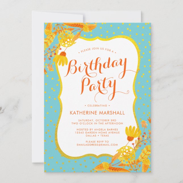 Herbst Golden Twigs Aqua Geburtstag Einladung (Vorderseite)