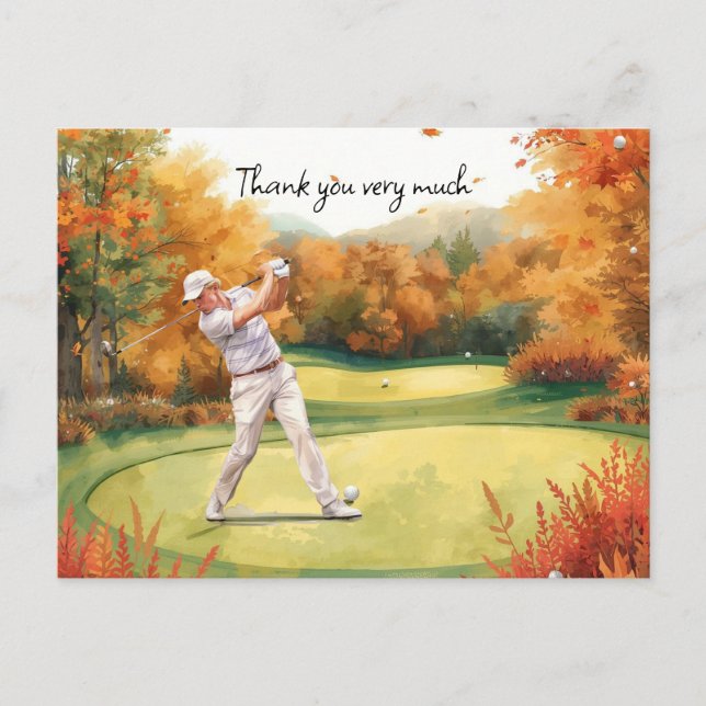 Herbst Golfer im Golfplatz Aquarell vielen Dank Postkarte (Vorderseite)
