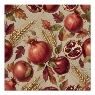 Herbst Granatapfel Apfel Weizen Botanisches Ernteb Poster