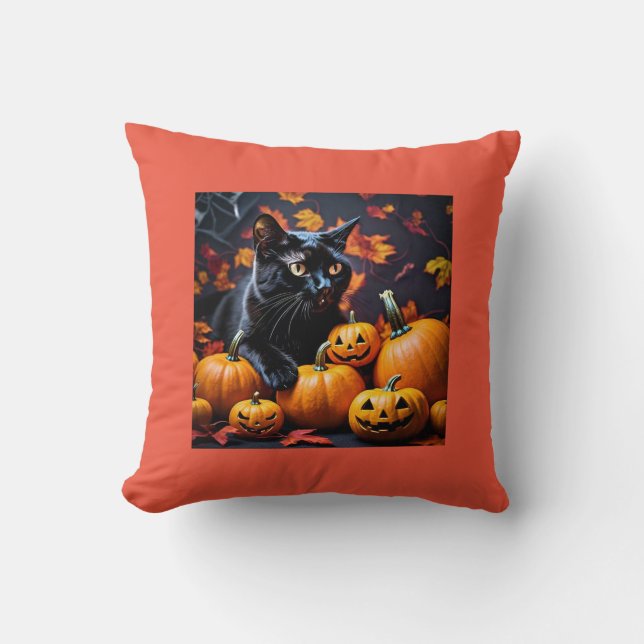 Herbst Halloween Black Cat & Pumpkins Throw Kissen (Vorderseite)