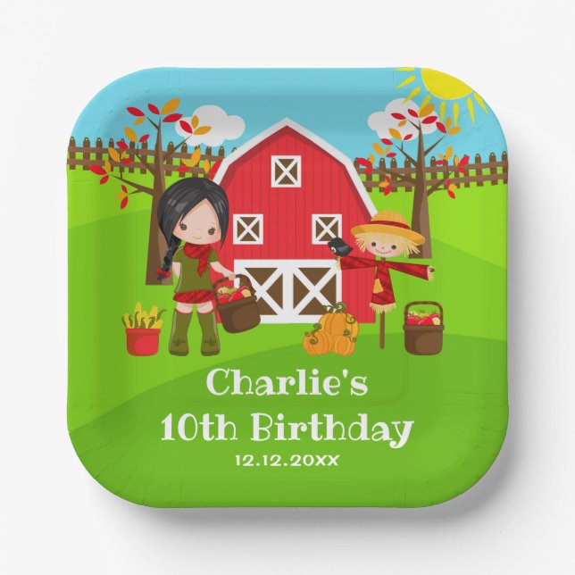 Herbst Herbst Barnyard Birthday Black Hair Girl Pappteller (Vorderseite)