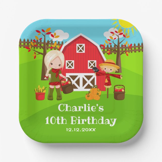 Herbst Herbst Barnyard Geburtstag Blonde Haare Gir Pappteller (Vorderseite)