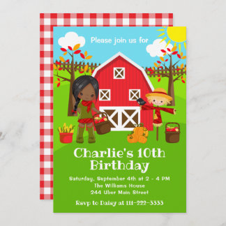 Herbst Herbst Barnyard Geburtstag Dunkle Haut Mädc Einladung
