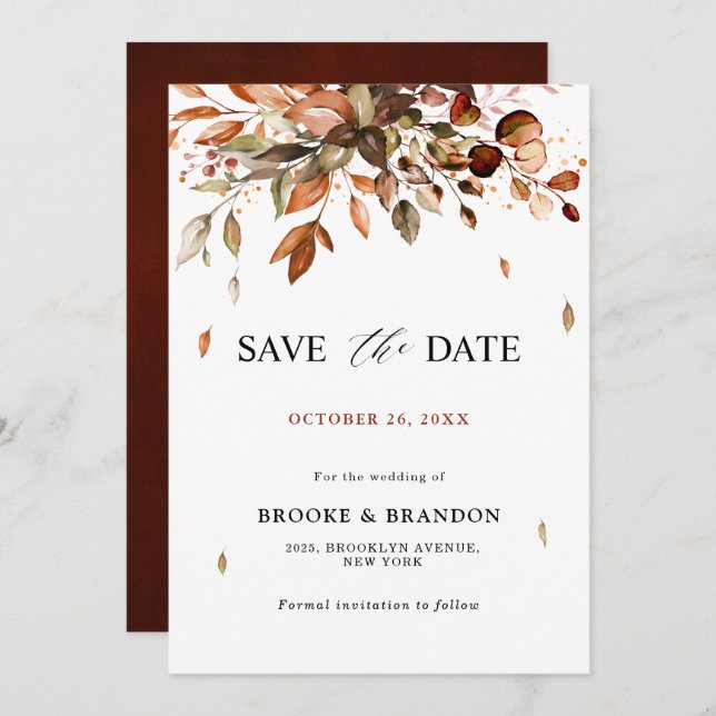Herbst Herbst Blätter Rustikales Land Boho Wedding Save The Date (Vorne/Hinten)