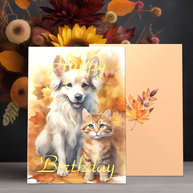 Herbst Herbst Blätter White Collie Dog & Tabby Kit Karte (Von Creator hochgeladen)