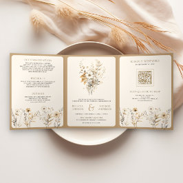 Herbst Herbst Boho Wildblume Foto QR Code Hochzeit Dreifach Gefaltete Einladung
