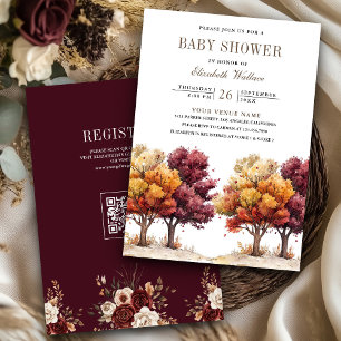Herbst Herbst Burgundy Bäume QR Code Kinderdusche Einladung