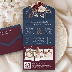 Herbst Herbst Burgundy Floral QR Code Navy Hochzei All In One Einladung