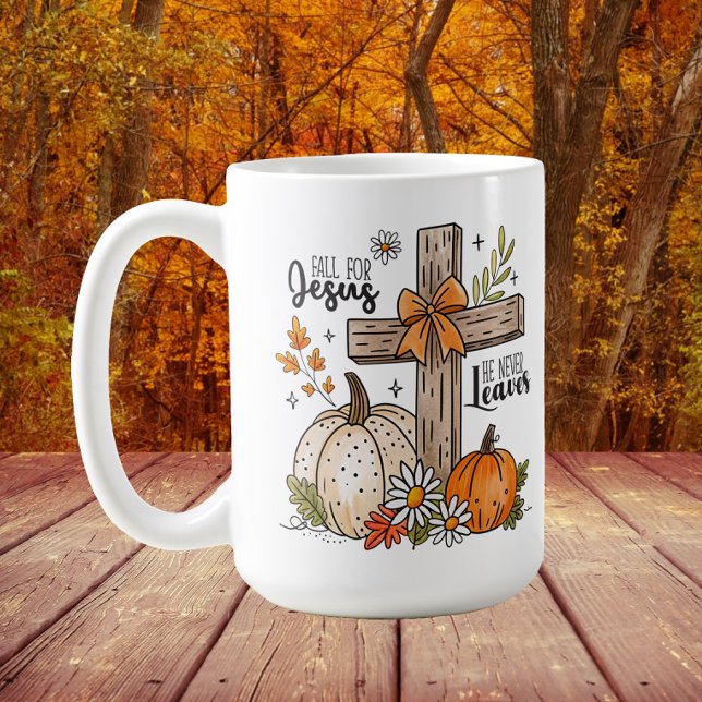 Herbst/Herbst Christliches Kreuz Kaffeetasse ("Fall for Jesus, He never leaves" Christian cross and pumpkins autumn/Thanksgiving mug)