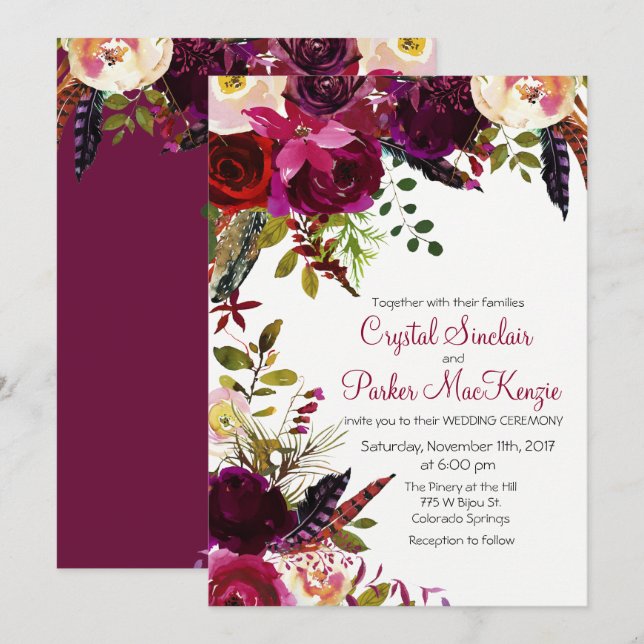 Herbst Herbst Einladung von Burgundy Floral Weddin (Vorne/Hinten)