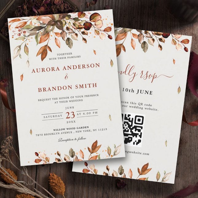 Herbst Herbst lässt rustikales Boho Hochzeit in Einladung (Fall Autumn leaves wedding invitation with QR code RSVP on back)