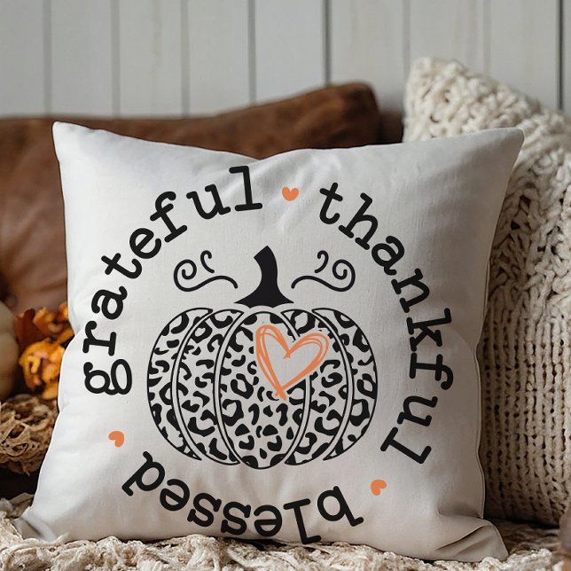 Herbst, Herbst Pumpkin Kissen (An Autumn themed throw pillow featuring the phrase, grateful, thankful, blessed.)