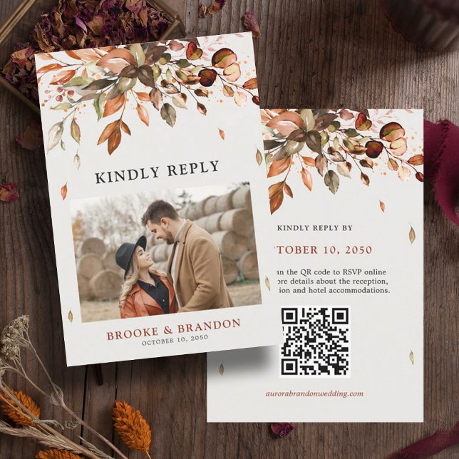 Herbst Herbst verlässt Rustikales Land Hochzeitser RSVP Karte (Fall Autumn wedding QR code RSVP card)