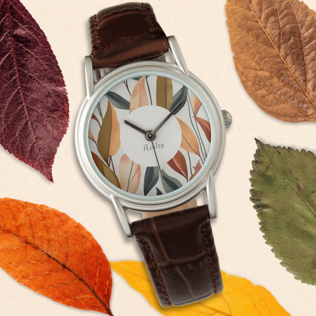 Herbst Herbstlaub Natur Themenwelt Individuelle Na Armbanduhr (A stylish watch with Autumn leaves design in orange, green, brown and yellow)