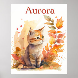 Herbst / Herbstwoben Wasserfarbe Kitten - Kinder Poster