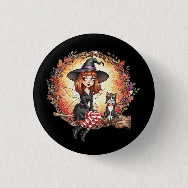 Herbst Hexe mit schwarzer Katze Button (Vorderseite)