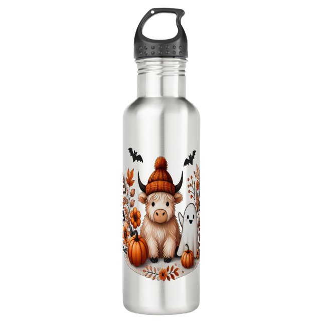 Herbst Highland Cow Ghost Png, Herbst Png Edelstahlflasche (Vorderseite)