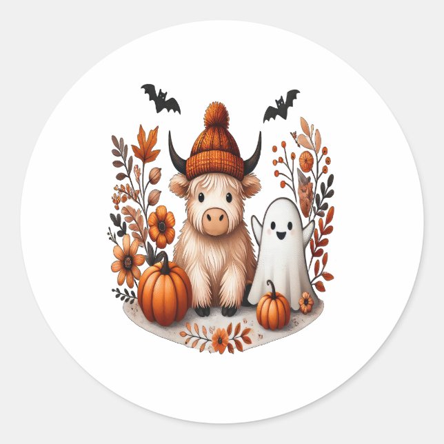 Herbst Highland Cow Ghost Png, Herbst Png Runder Aufkleber (Vorderseite)