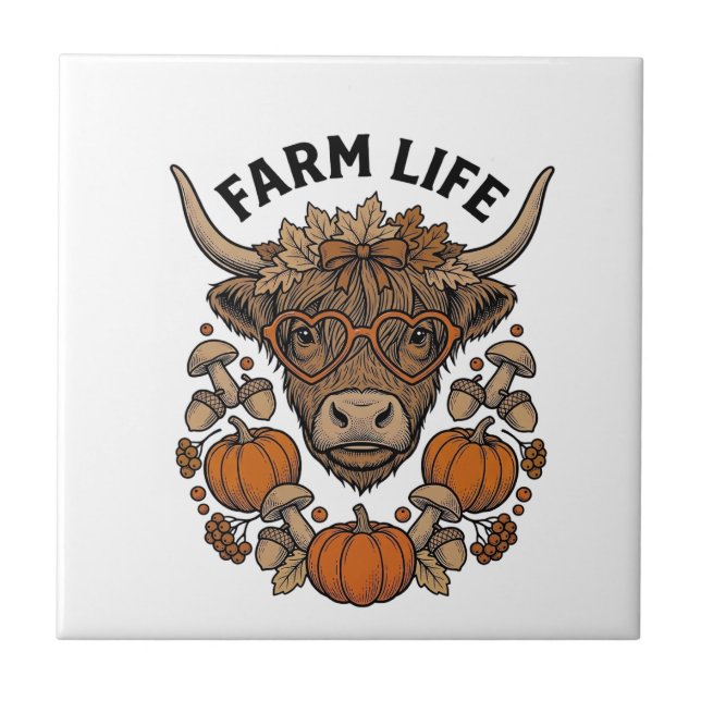 Herbst Highland-Kuh mit Herzbrille Fliese (Vorderseite)
