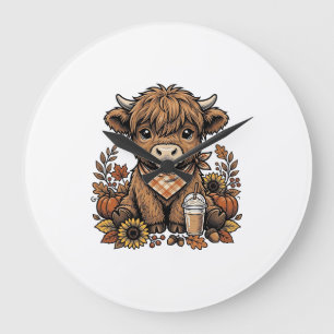 Herbst Highland Kuh Vintage Herbst Farmhouse Kunst Große Wanduhr