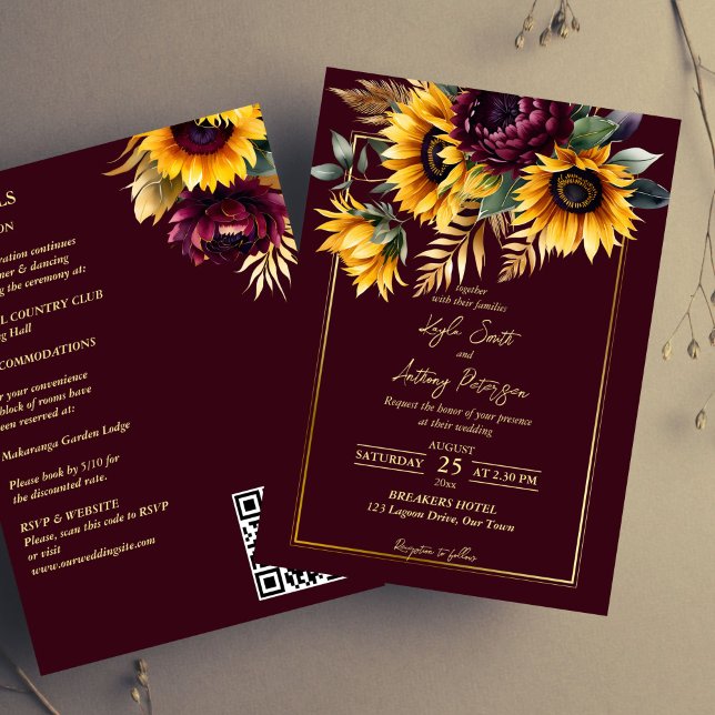 Herbst Hochzeit burgundische Sonnenblumen in einem Einladung (Fall summer wedding burgundy yellow sunflowers all in template invitation digital download QR RSVP)