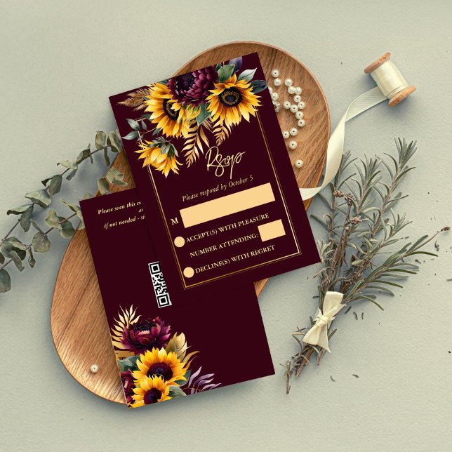 Herbst Hochzeit burgundische Sonnenblumen RSVP Karte (Fall summer wedding burgundy sunflowers RSVP card floral RSVP card modern QR rsvp card)