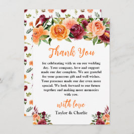 Herbst-Hochzeit in Burgund und Orange Dankeskarte