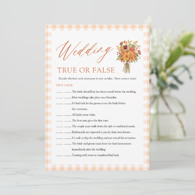 Herbst-Hochzeit Wahr oder Falsch Braut-Show-Spiel Einladung (Stehend Vorderseite)