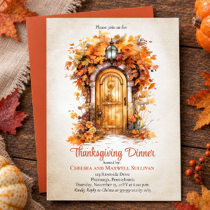 Herbst-Holztür-Blätter Thanksgiving-Dinnerparty Einladung