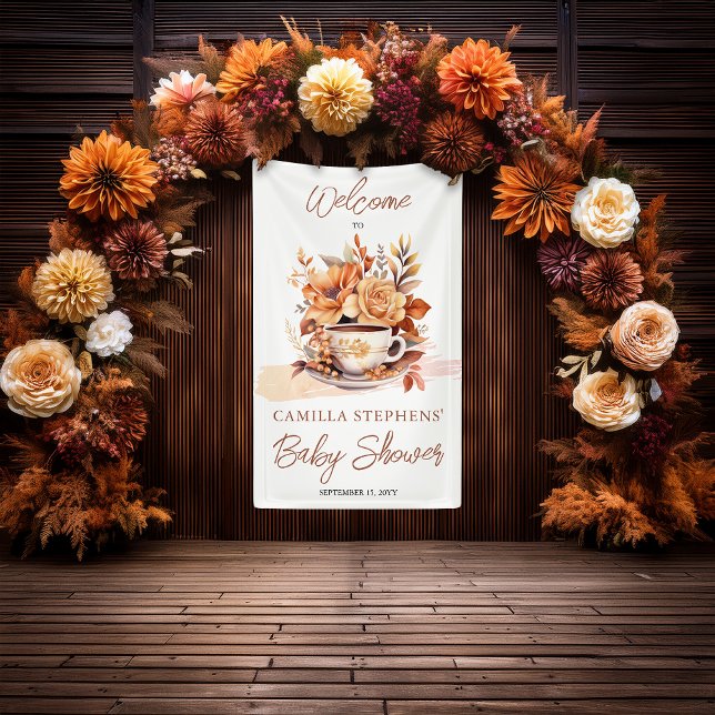 Herbst Hütte Core Teacup Babydusche Banner (Fall Floral Cottage Core Teacup Baby Tea Shower Vertical Party Banner)