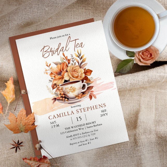 Herbst Hütte Core Teacup Bridal Teedusche Einladung (Love a hot cup of tea on a crisp fall day?  Capture the cozy feeling with this teacup bridal design.)