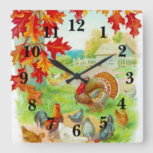 Herbst im Bauernhof Rustikale Küche Quadratische Wanduhr