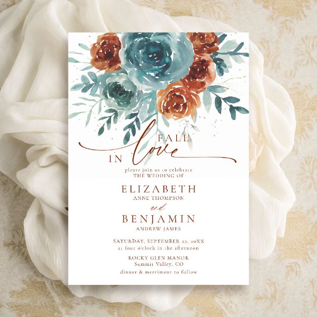 Herbst in der Liebe Aquamarin Terracotta Boho Blum Einladung (fall in love wedding invitation teal burnt orange terracotta watercolor floral botanical earthy chic)