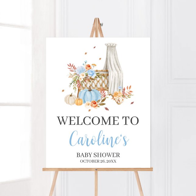 Herbst in der Liebe Blauer Kürbis Willkommen Poster (Floral Blue Pumpkin Baby Shower Welcome Sign)
