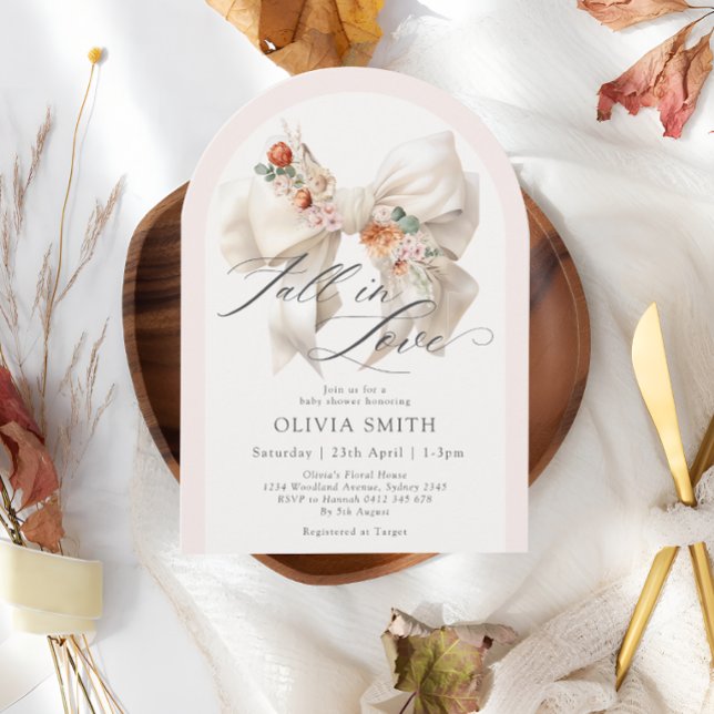 Herbst in der Liebe Elegante White Bow Floral Baby Einladung (Von Creator hochgeladen)