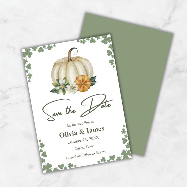 Herbst in der Liebe Pumpkin Wage Green Wedding Save The Date (Fall in Love Pumpkin Sage Green Wedding Save The Date Card )