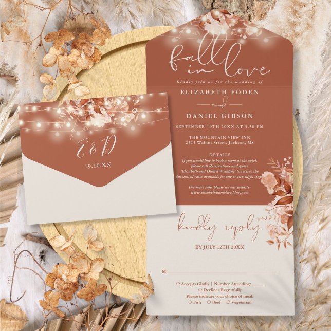 Herbst in der Liebe Rustikale Blumenstrauß Hochzei All In One Einladung (Fall In Love Rustic Floral String Lights Wedding All In One Invitation)