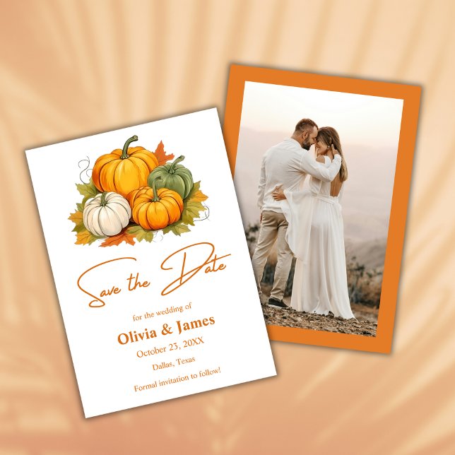Herbst in der Liebe Rustikale Pumpkin Foto Hochzei Save The Date (Fall in Love Autumn Rustic Pumpkin Photo Wedding Save The Date Card )