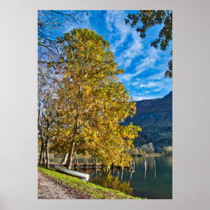 Herbst in Italien mit Baum und Schiff am See Poster