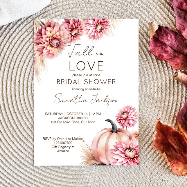 Herbst in Liebe boho Kürbis dahlias Brautparty Einladung (Fall in love bridal shower template invitation earthy boho desert pink pumpkins and dahlias pampas)