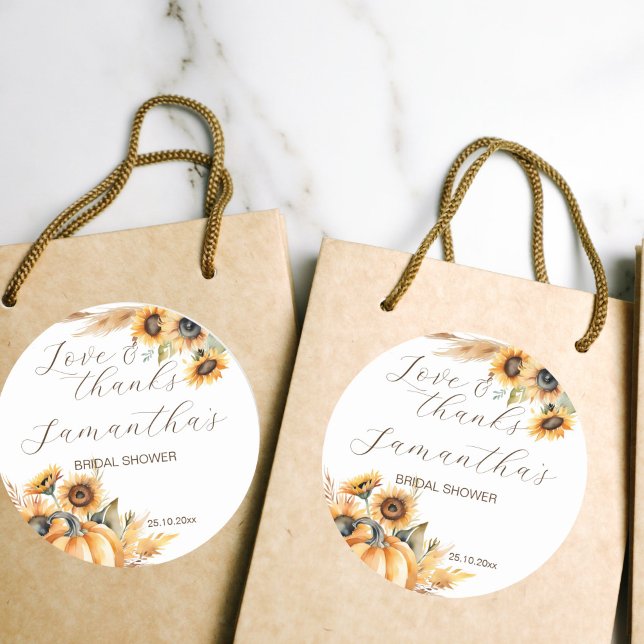 Herbst in Liebe boho Kürbis Sonnenblumen danke Runder Aufkleber (Fall in love boho pumpkin sunflowers bridal shower thank you favor stickers fall themed earthy desrt)