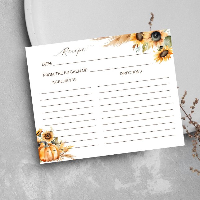 Herbst in Liebe boho Kürbis Sonnenblumen Rezept Ka (Fall in love boho pumpkin sunflowers pampas grass bridal shower recipe card)
