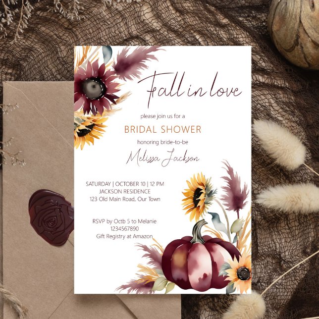 Herbst in Liebe boho Kürbissonnenblumenöl Brautpar Einladung (Fall in love boho bridal shower template invitation digital download burgundy pumpkins sunflowers)