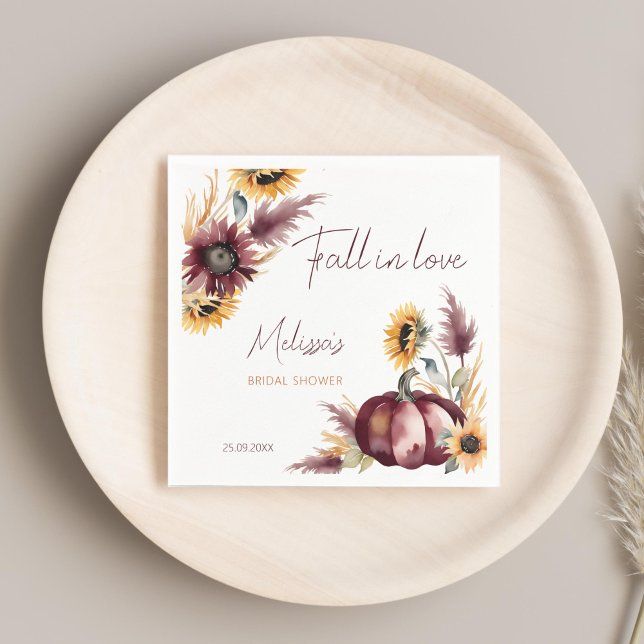 Herbst in Liebe boho Kürbissonnenblumenöl Brautpar Serviette (Fall in love boho pumpkin sunflowers autumn bridal shower personalized printed napkins template )
