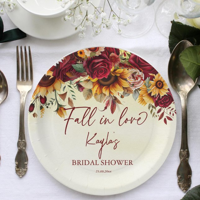 Herbst in Liebe bordeauxfarbene Sonnenblumen Braut Pappteller (Fall in love bridal shower personalized plates burgundy roses sunflowers fall autumn themed shower)